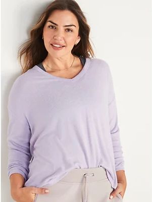 Oversized Cozy-Knit V-Neck Long-Sleeve T-Shirt for Women