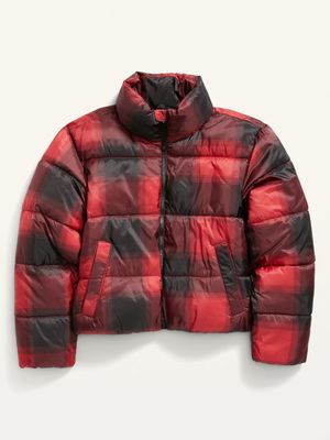 Cropped Plaid Quilted Puffer Jacket for Girls