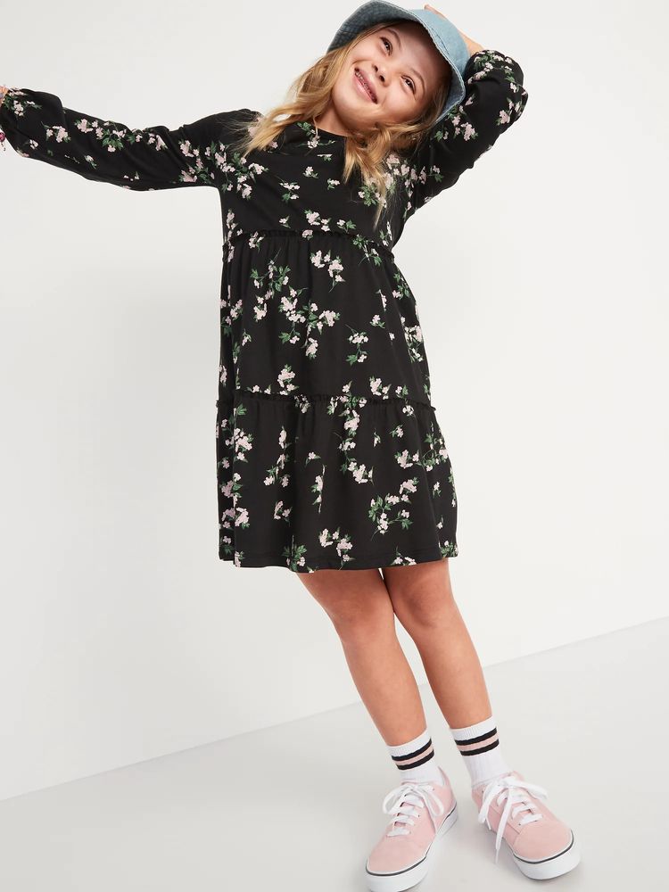 Tiered Printed Long-Sleeve Dress for Girls