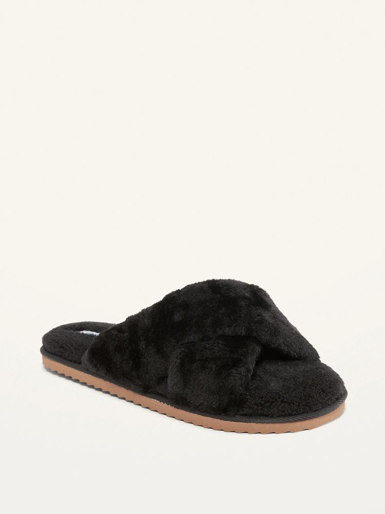 Cozy Faux-Fur Cross-Strap Slippers for Women