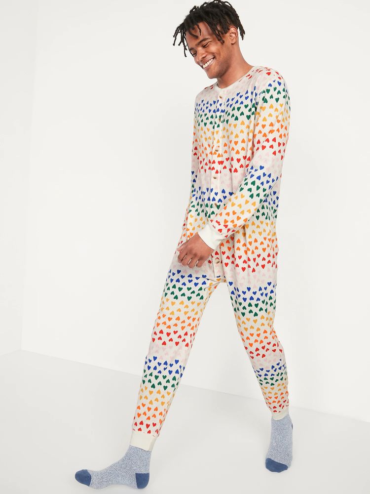 Matching Printed Thermal-Knit One-Piece Pajamas for Men