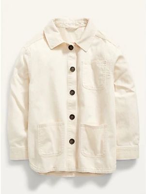 Oversized Ecru-Wash Jean Chore Jacket for Girls