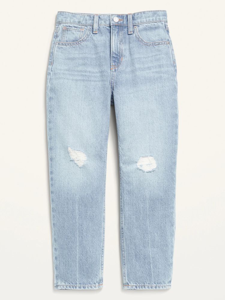 High-Waisted Slouchy Straight Ripped Non-Stretch Jeans for Girls