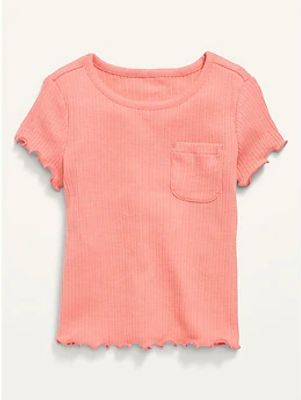 Rib-Knit Lettuce-Edge Pocket T-Shirt for Toddler Girls