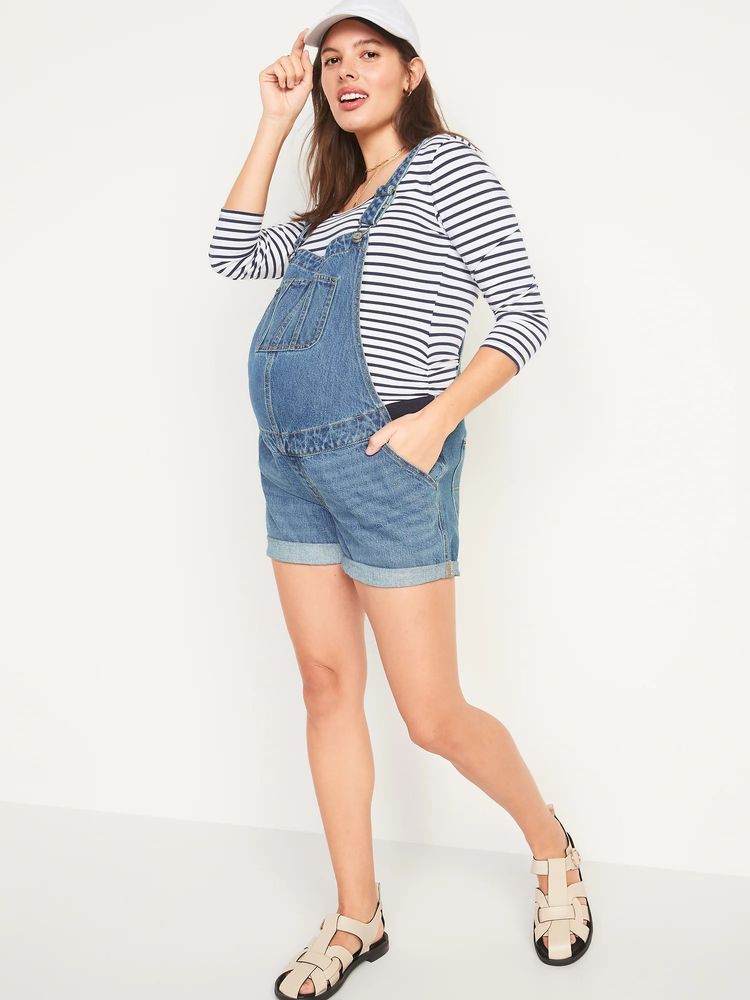 Maternity Side-Panel Slouchy Jean Short Overalls -- 5-inch inseam