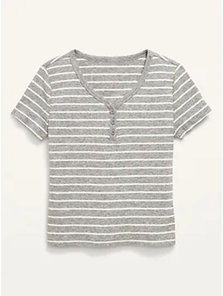 Rib-Knit Short-Sleeve Striped Henley T-Shirt for Girls