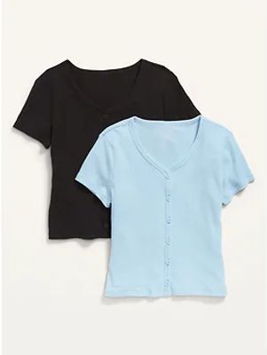 Rib-Knit Short-Sleeve Button-Front Top 2-Pack for Girls