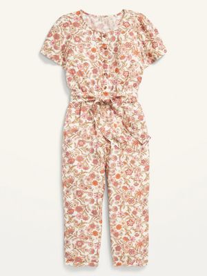 Short-Sleeve Button-Front Floral-Print Jumpsuit for Girls