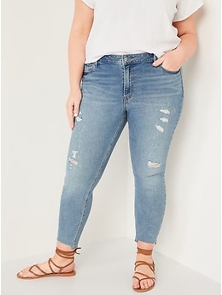 Mid-Rise Rockstar Super-Skinny Ripped Cut-Off Ankle Jeans for Women
