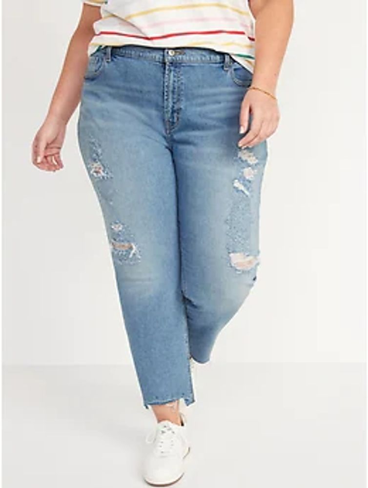 Mid-Rise Boyfriend Straight Ripped Cut-Off Jeans for Women