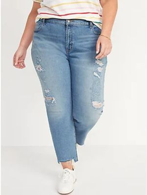 Mid-Rise Boyfriend Straight Ripped Cut-Off Jeans for Women