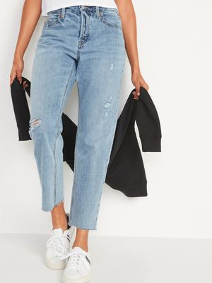 High-Waisted Button-Fly Slouchy Straight Distressed Cropped Jeans for Women
