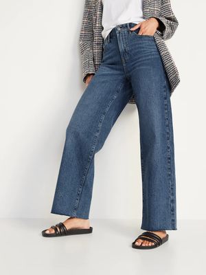 Extra High-Waisted Medium-Wash Cut-Off Wide-Leg Jeans for Women