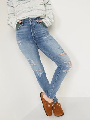 Extra High-Waisted Button-Fly Pop Icon Distressed Skinny Jeans for Women