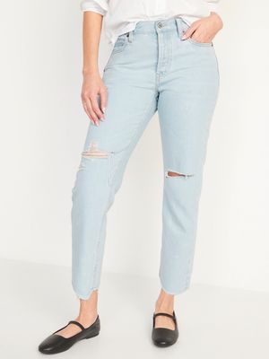 High-Waisted Button-Fly Slouchy Straight Ripped Cropped Non-Stretch Jeans for Women