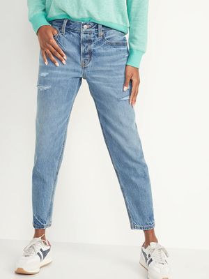 Mid-Rise Button-Fly Slouchy Taper Ripped Non-Stretch Ankle Jeans for Women