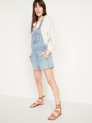 Slouchy Straight Workwear Light-Wash Non-Stretch Cut-Off Jean Short Overalls for Women - 3.5-inch inseam