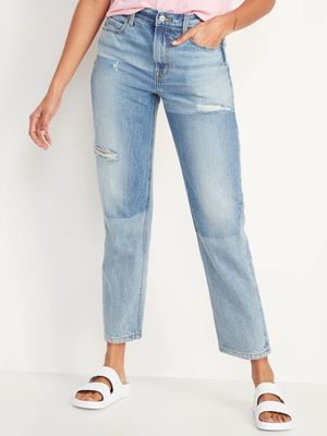 High-Waisted Slouchy Straight Cropped Ripped Non-Stretch Jeans for Women