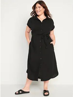 Short-Sleeve Waist-Defined Midi Shirt Dress for Women