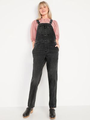 Slouchy Straight Black-Wash Workwear Non-Stretch Jean Overalls for Women