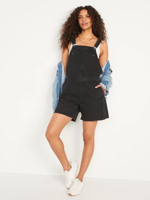Slouchy Straight Black Distressed Non-Stretch Jean Short Overalls for Women