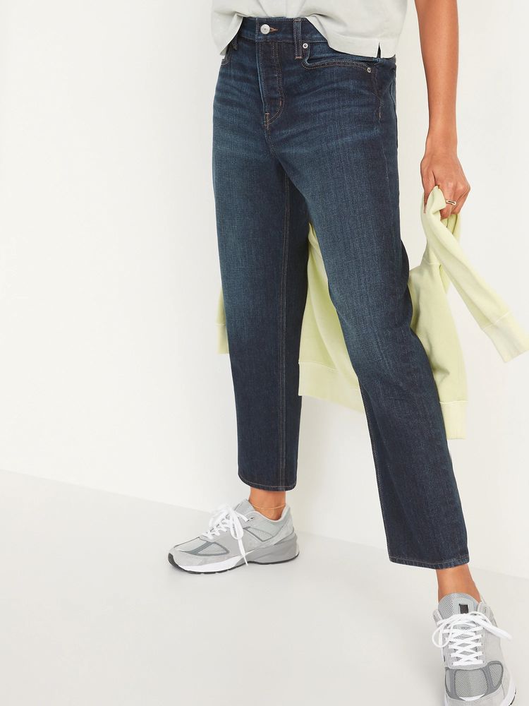 High-Waisted Button-Fly Slouchy Straight Cropped Jeans for Women