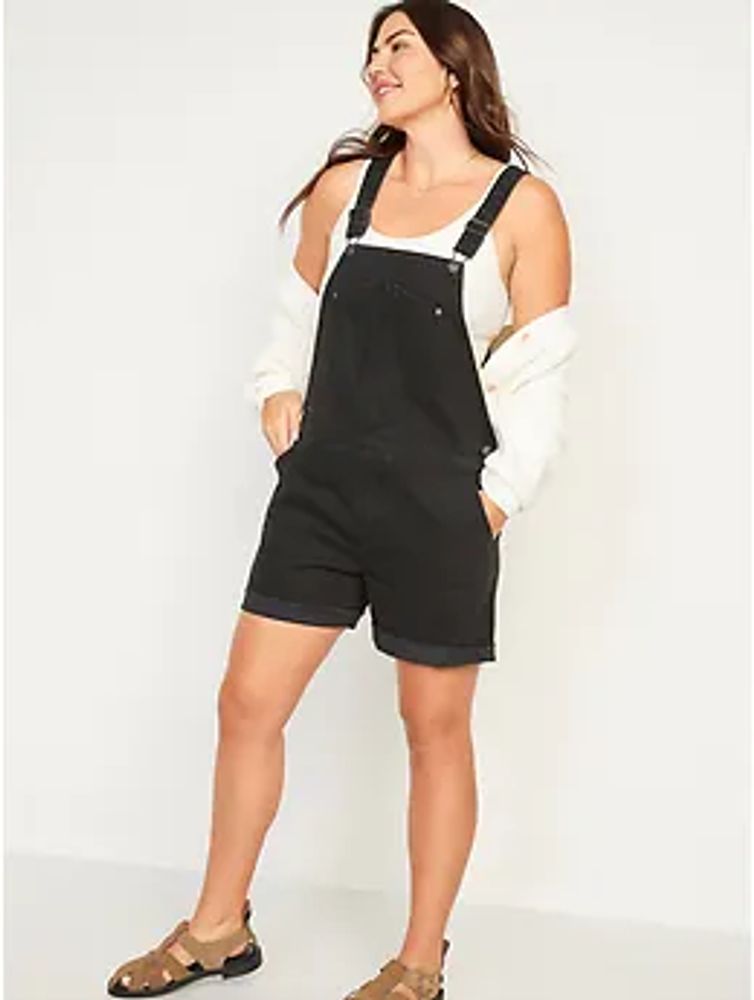 Slouchy Straight Black Distressed Non-Stretch Jean Short Overalls for Women
