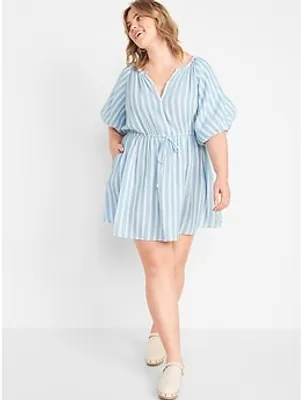 Waist-Defined Puff-Sleeve Printed Mini Shirt Dress for Women