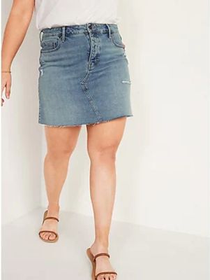 High-Waisted Button-Fly Ripped Cut-Off Jean Skirt for Women