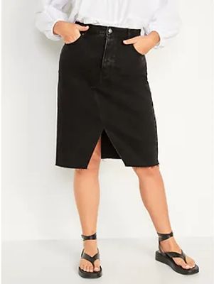 Higher-High Waisted Split-Front Midi Jean Pencil Skirt for Women