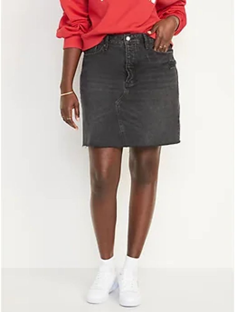 Higher High-Waisted Button-Fly Black Frayed-Hem Jean Skirt for Women