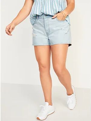 High-Waisted Button-Fly Slouchy Straight Ripped Non-Stretch Jean Shorts for Women - 3-inch inseam
