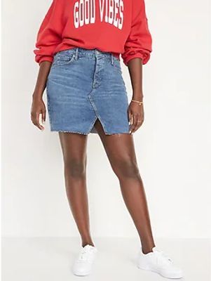 High-Waisted Button-Fly O.G. Straight Split-Front Cut-Off Jean Mini Skirt for Women