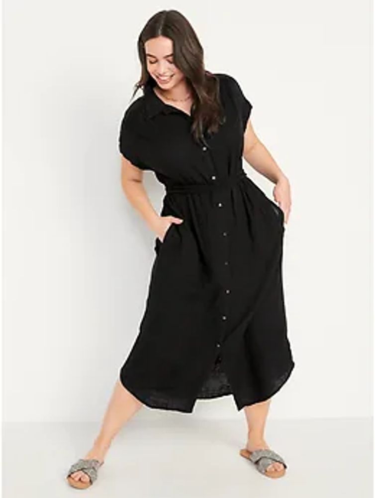 Short-Sleeve Waist-Defined Midi Shirt Dress for Women