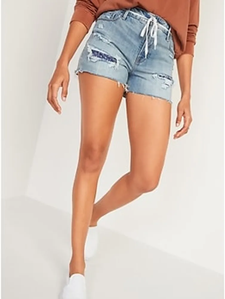 High-Waisted Distressed Bandanna-Patch Cut-Off Jean Shorts for Women -- 2.5-inch inseam