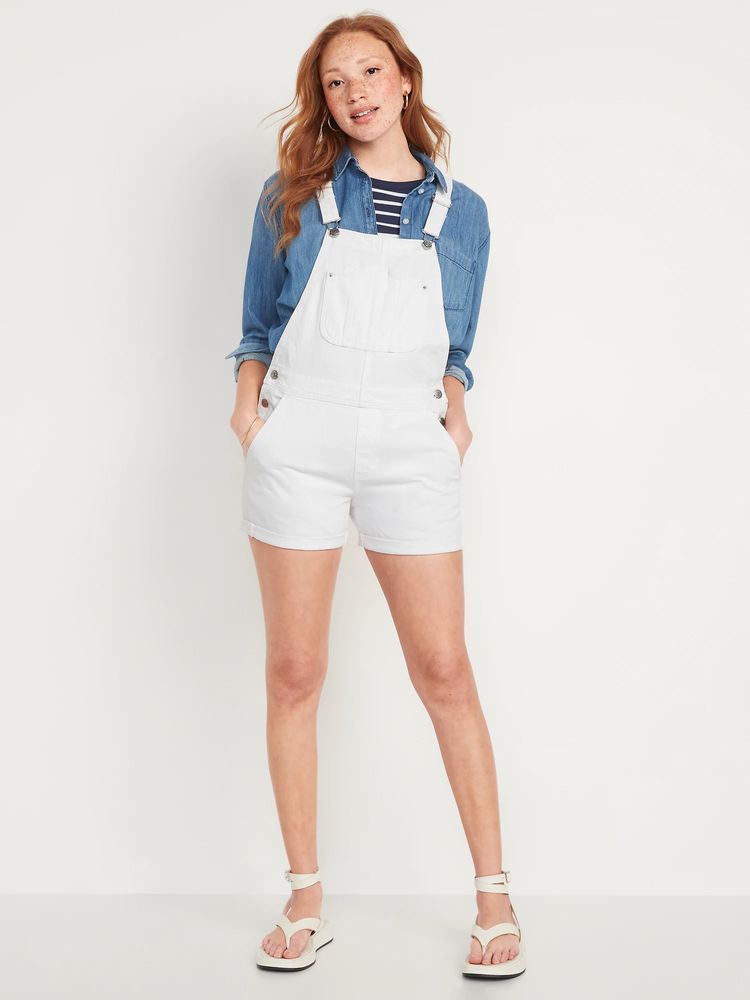 Slouchy Straight Workwear White Non-Stretch Jean Short Overalls for Women - 3.5-inch inseam
