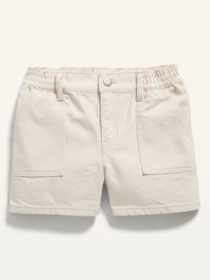 Elasticized Waist Ecru-Wash Workwear Non-Stretch Jean Shorts for Girls