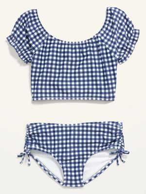 Patterned Puff-Sleeve Bikini Swim Set for Girls