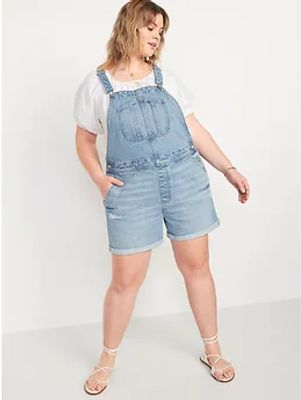 Slouchy Straight Non-Stretch Jean Short Overalls - 3.5-inch inseam