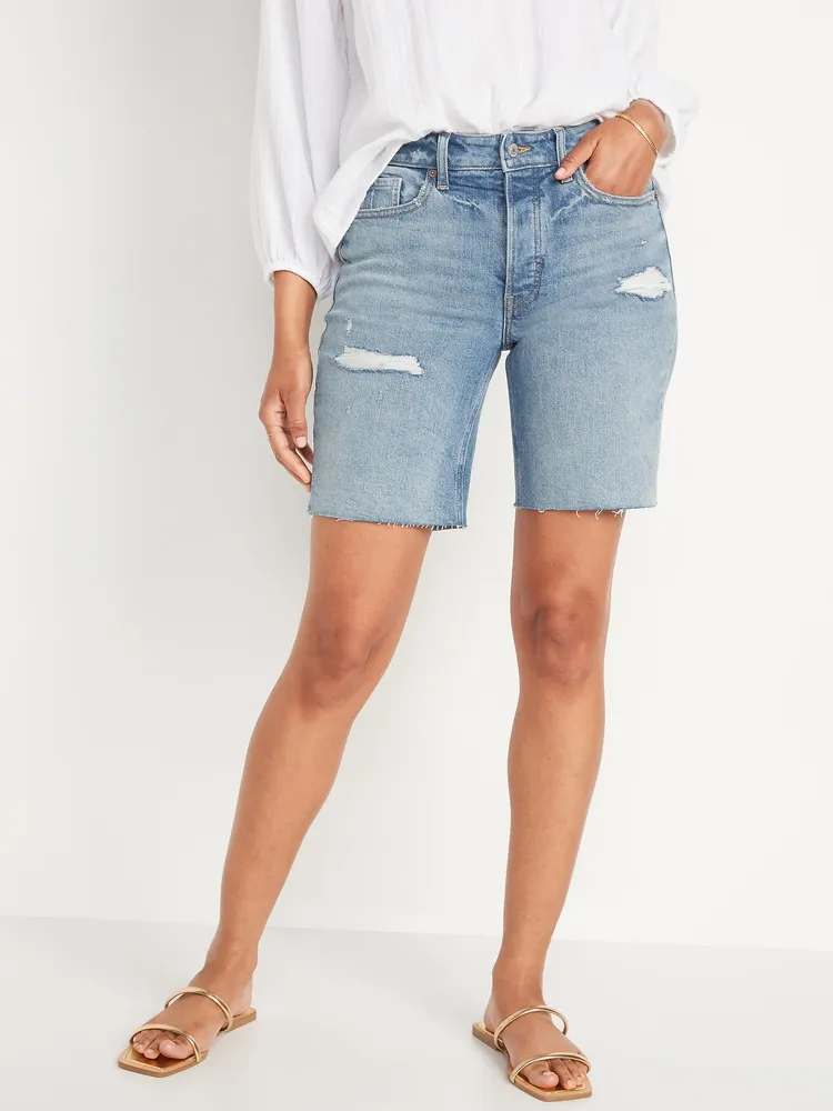 High-Waisted Button-Fly O.G. Straight Distressed Cut-Off Jean Shorts for Women -- 9-inch inseam