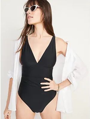 Ruched Deep V-Neck One-Piece Swimsuit for Women