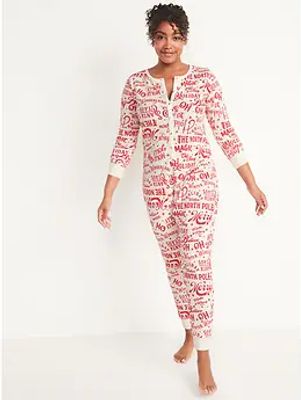 Matching Printed Thermal-Knit One-Piece Pajamas for Women