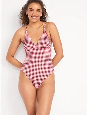 V-Neck Gingham Piqu One-Piece Swimsuit for Women