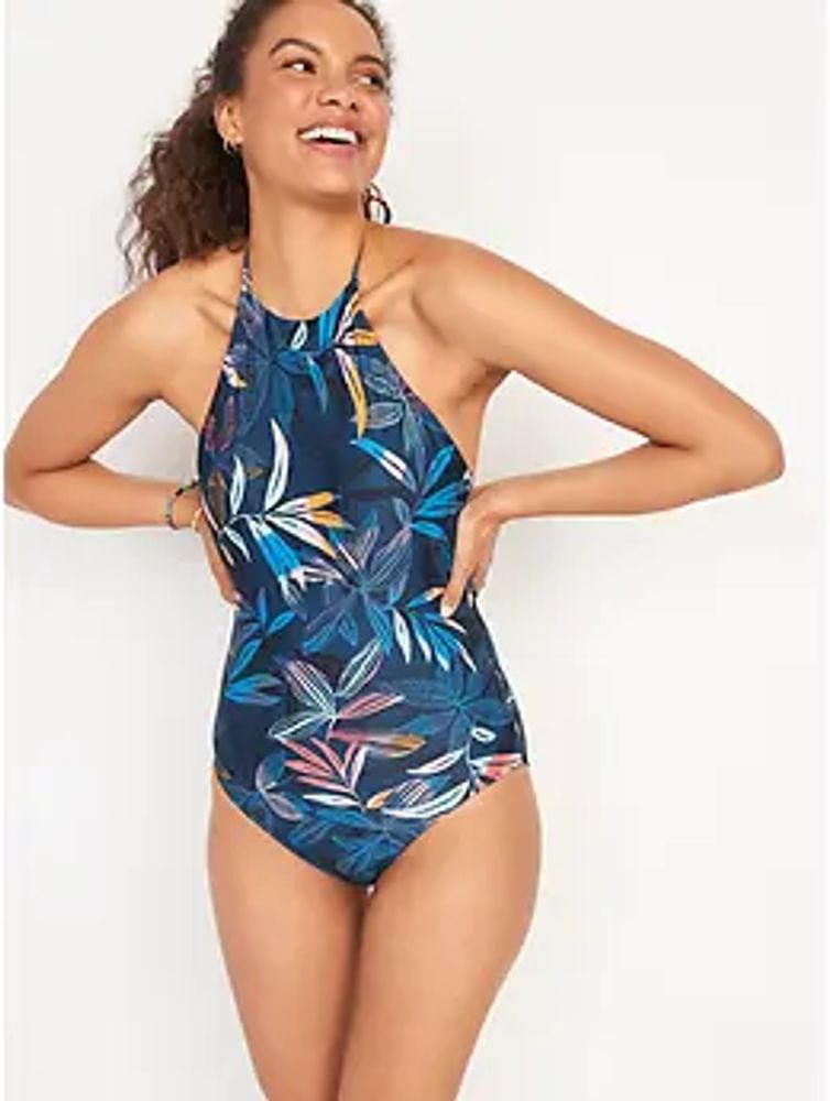 Matching Printed One-Piece Halter Swimsuit for Women
