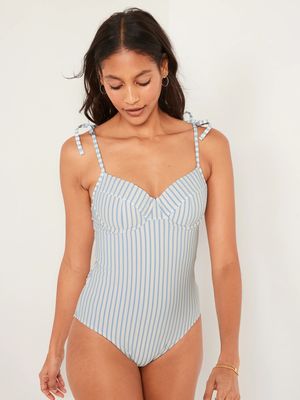 Tie-Shoulder Striped Seersucker Underwire One-Piece Swimsuit for Women