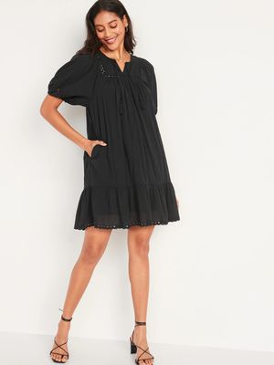 Puff-Sleeve Tie-Neck Eyelet Mini Swing Dress for Women