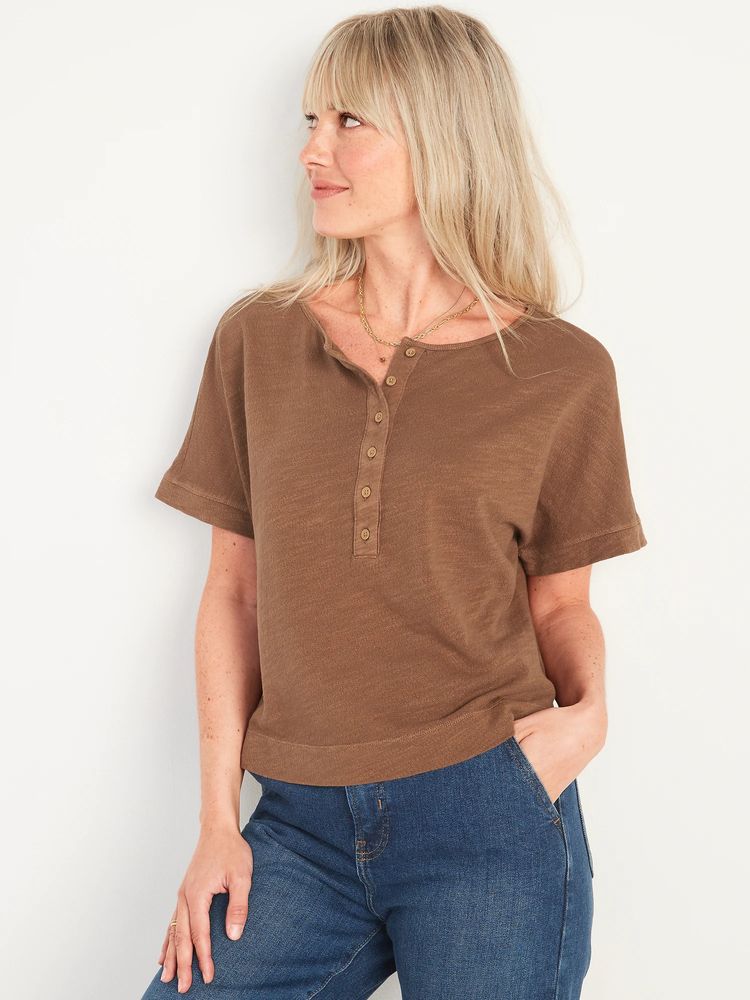 Short-Sleeve Cropped Crinkled Slub-Knit Henley T-Shirt for Women