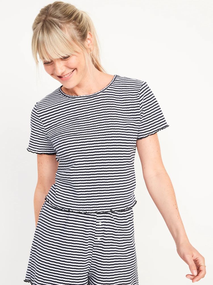 Short-Sleeve Striped Lettuce-Edge Pointelle-Knit Pajama T-Shirt for Women