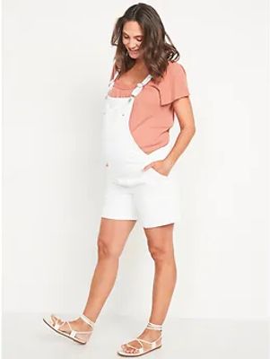 Maternity Side-Panel Slouchy Straight White Jean Short Overalls - 5-inch inseam