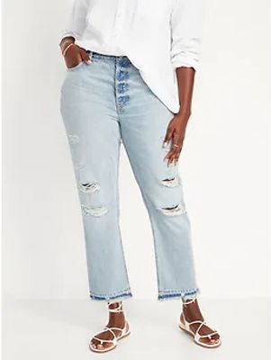 High-Waisted Slouchy Straight Distressed Cut-Off Non-Stretch Jeans for Women